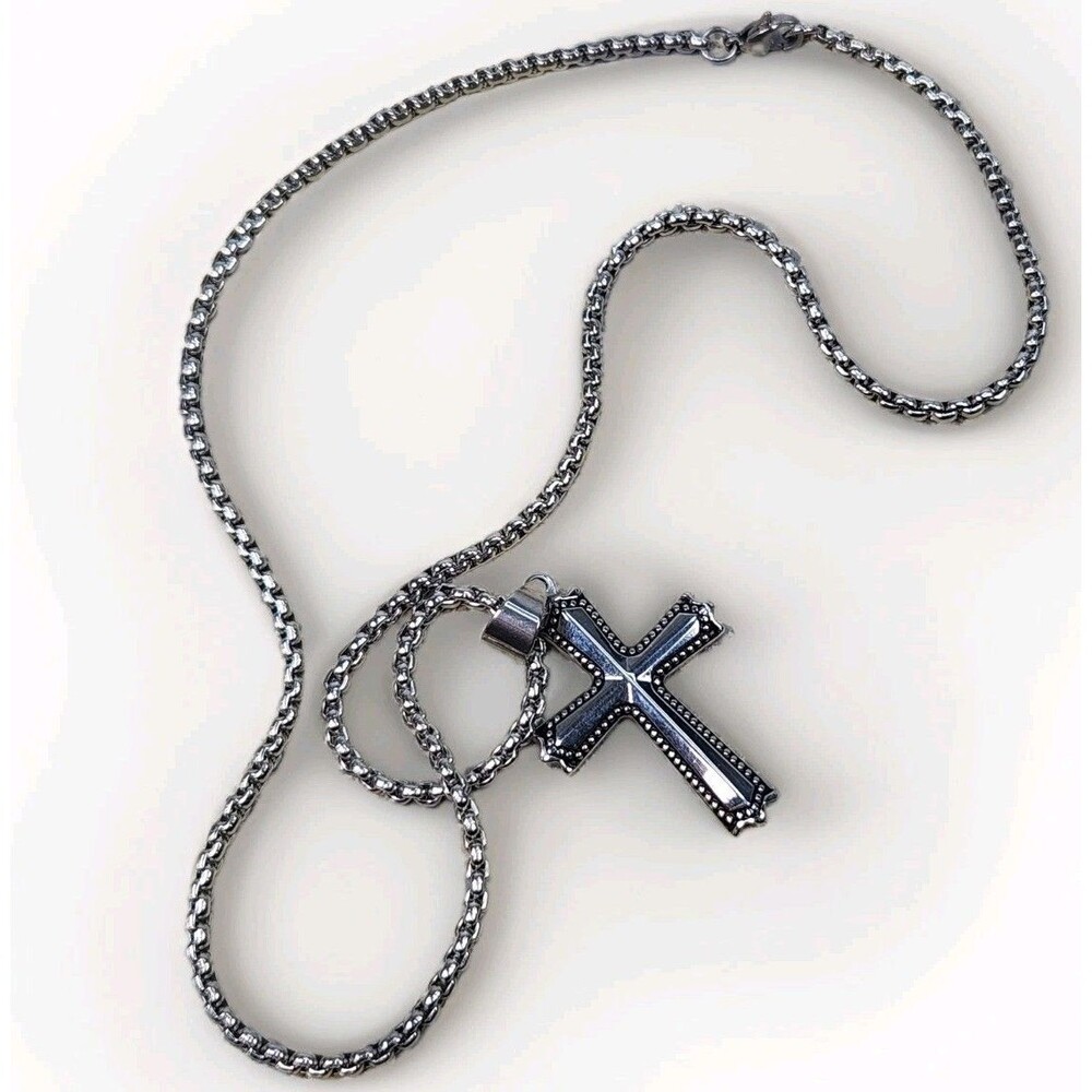 Cross Pendant Necklace Stainless Steel Silver Beaded Edge Hefty Chain Men Womens